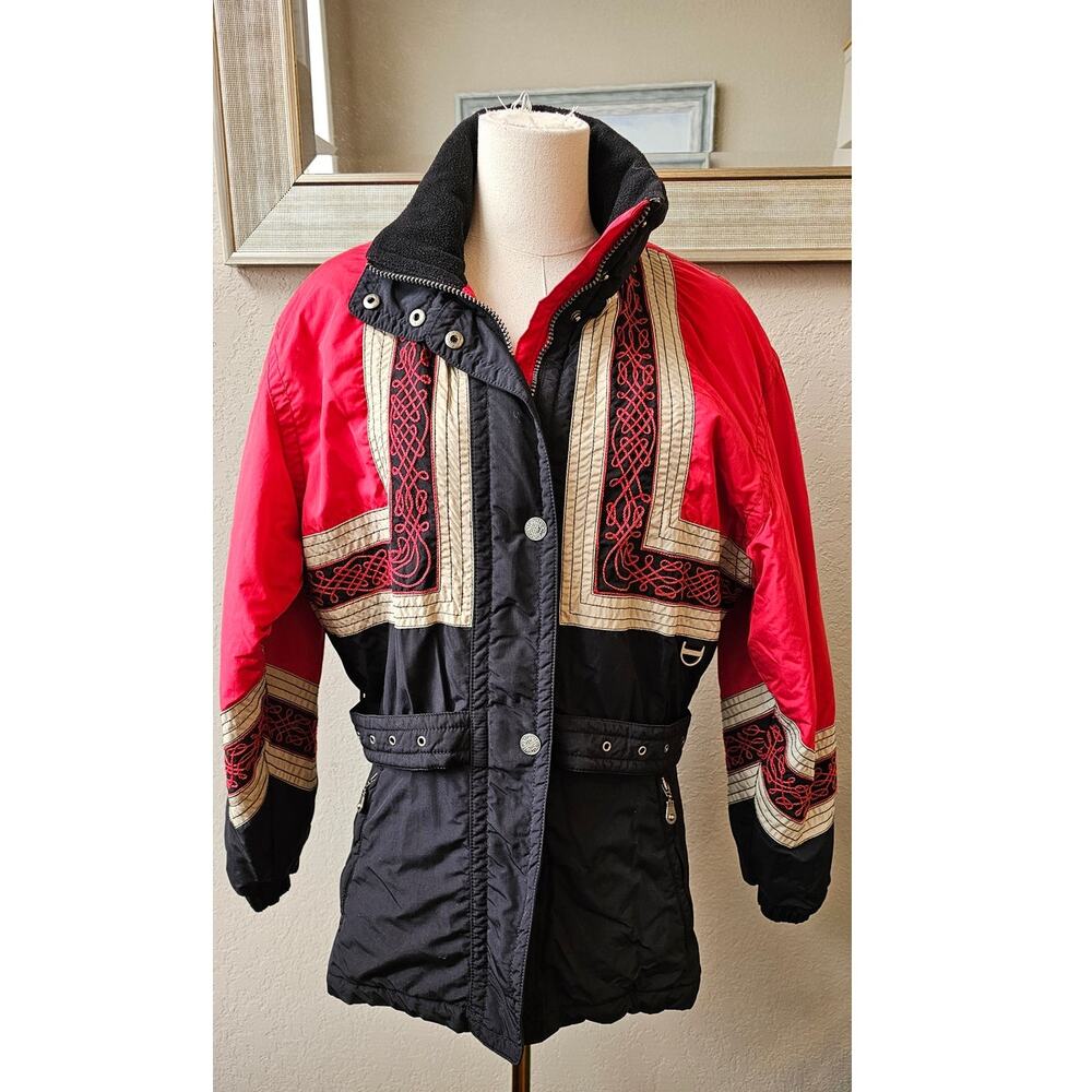 Vintage Kaelin Thermolite Embroidered Zip Ski Jacket Coat Women Size 8 Black Red
